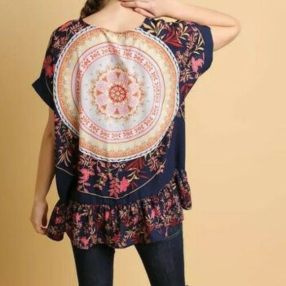 Navy Orange Floral Medallion Print Tunic Top S M - Picture 6 of 9